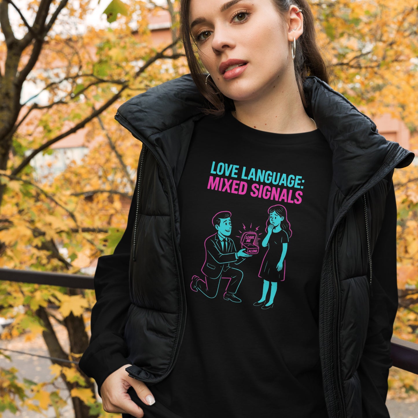 Black long-sleeve shirt with graphic design and text 'Mixed Signals' on a white background