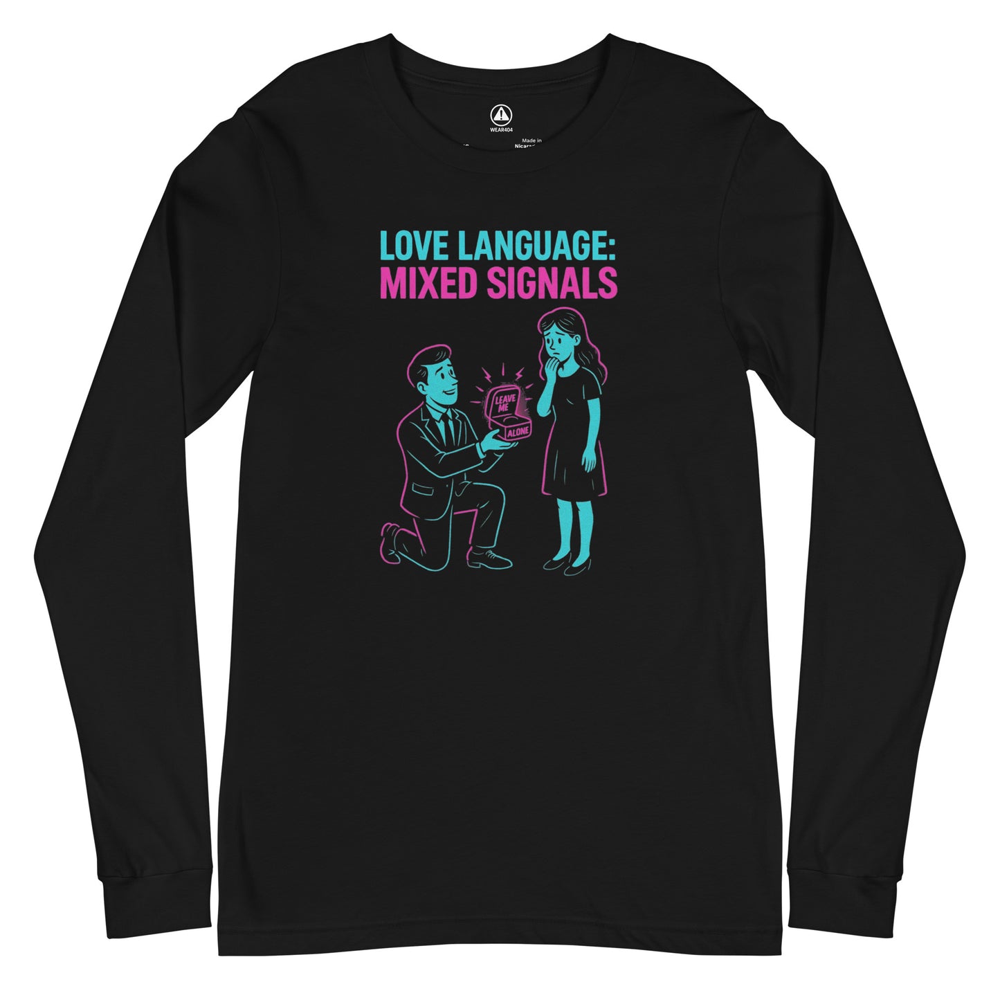 Black long-sleeve shirt with graphic design and text 'Mixed Signals' on a white background

