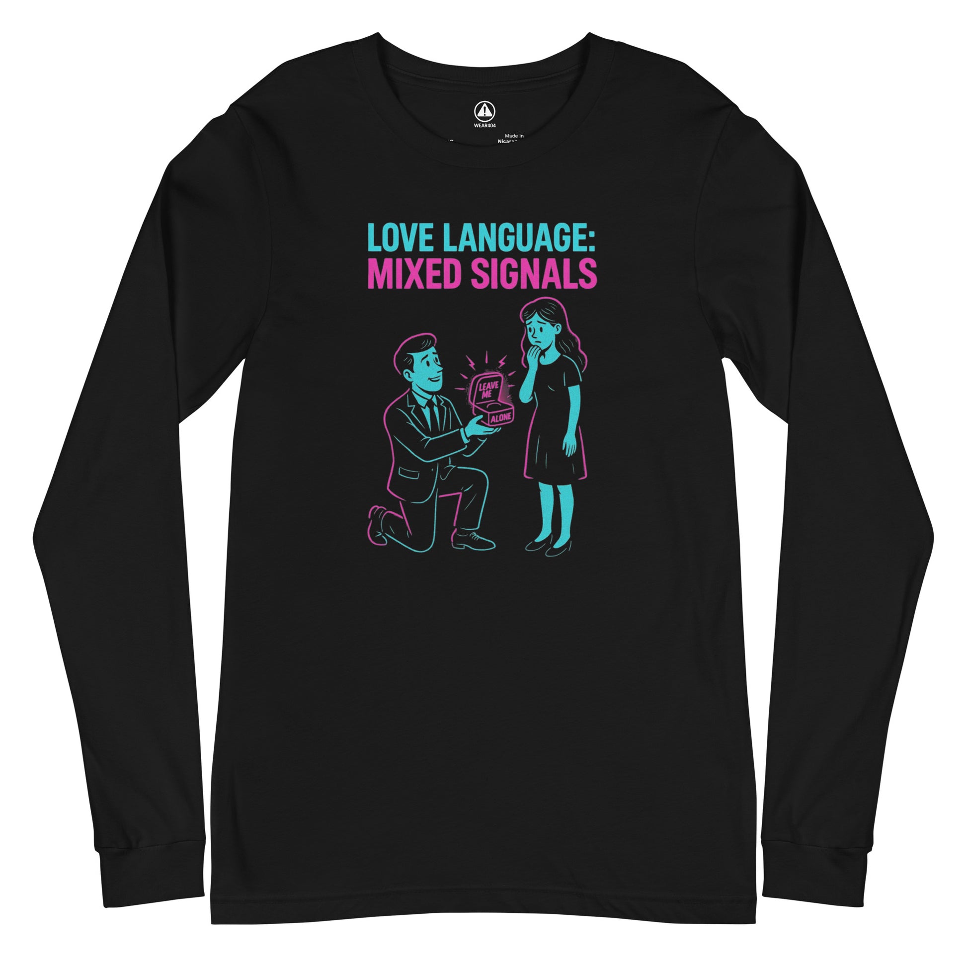 Black long-sleeve shirt with graphic design and text 'Mixed Signals' on a white background

