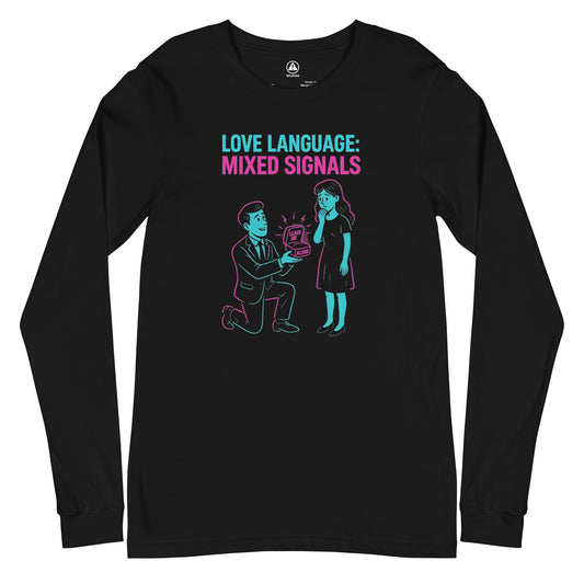 Black long-sleeve shirt with graphic design and text 'Mixed Signals' on a white background

