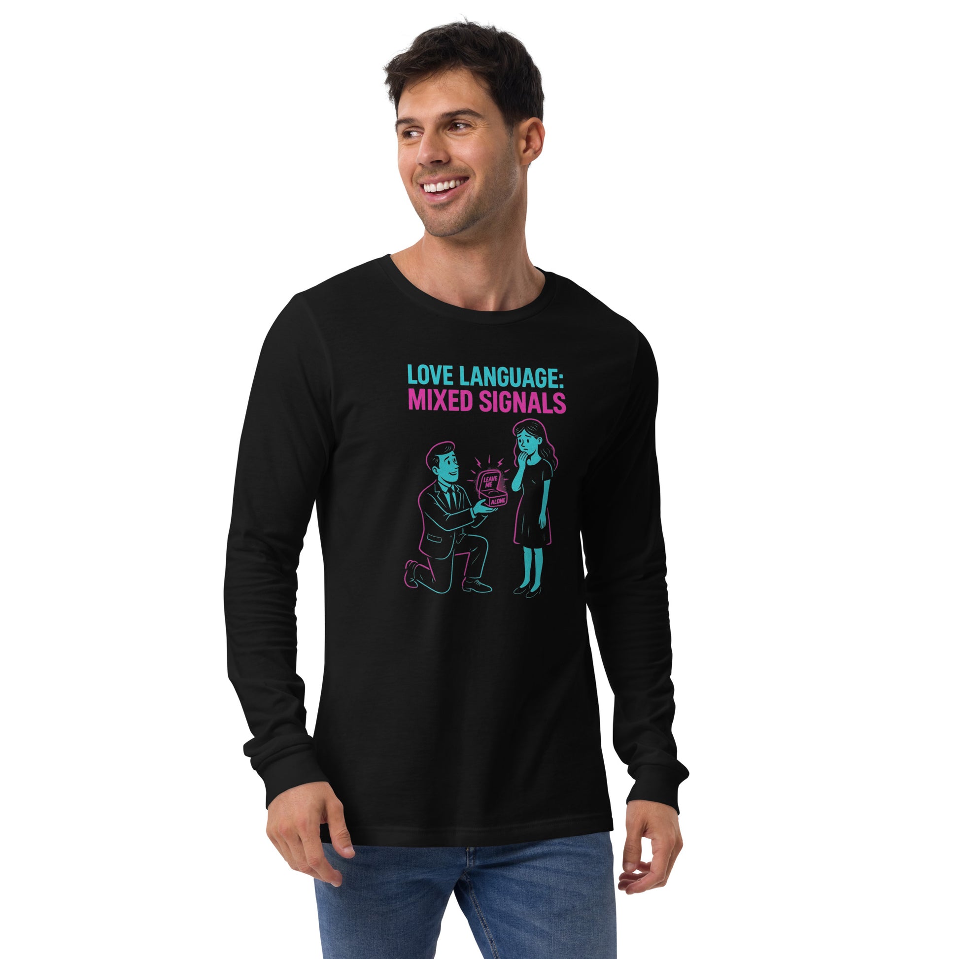 Black long-sleeve shirt with graphic design and text 'Mixed Signals' on a white background