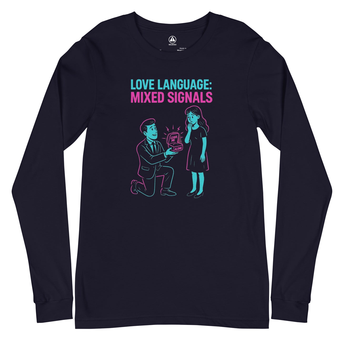 Black long-sleeve shirt with graphic design and text 'Mixed Signals' on a white background