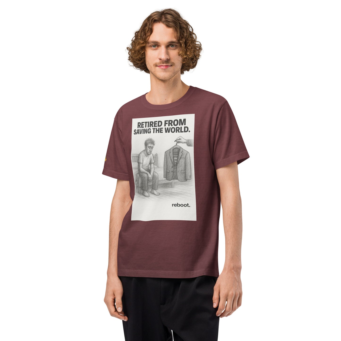 REBOOT T-Shirt — Retired From Saving The World (Washed Maroon) by WEAR404