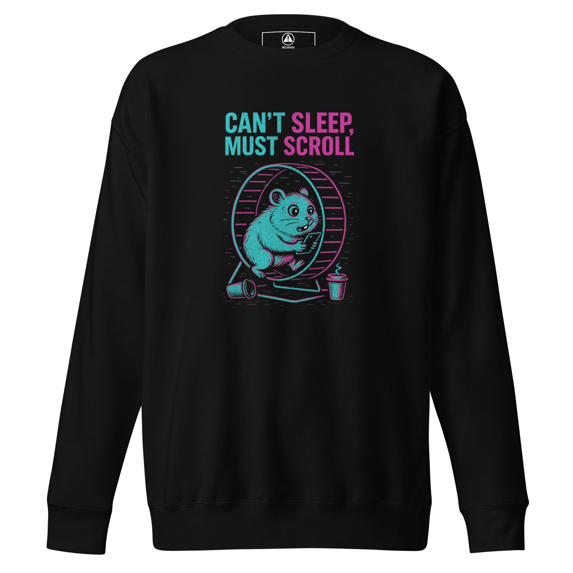 Black sweatshirt with a graphic of a hamster on a wheel and text 'MUST SCROLL' on a white background.