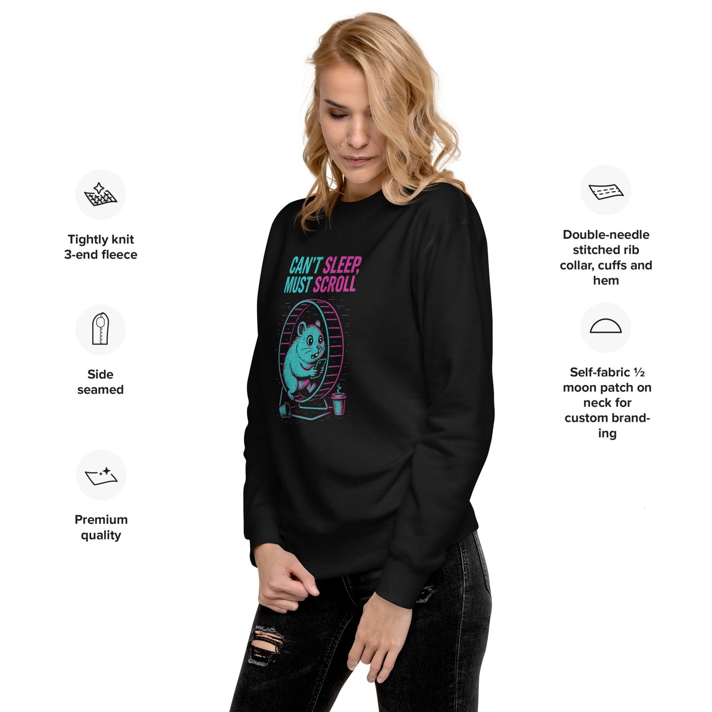 Black sweatshirt with a graphic of a hamster on a wheel and text 'MUST SCROLL' on a white background.