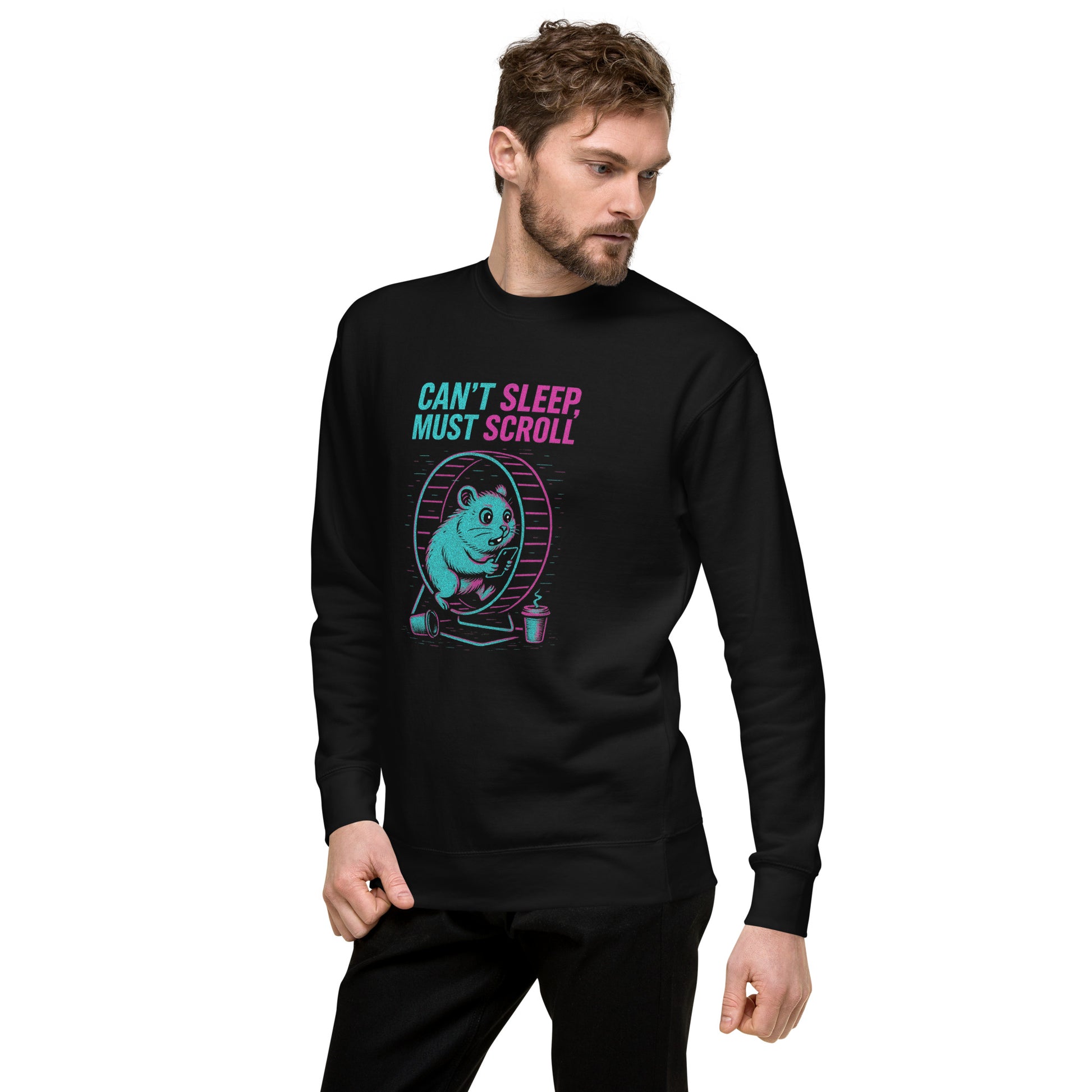 Black sweatshirt with a graphic of a hamster on a wheel and text 'MUST SCROLL' on a white background.