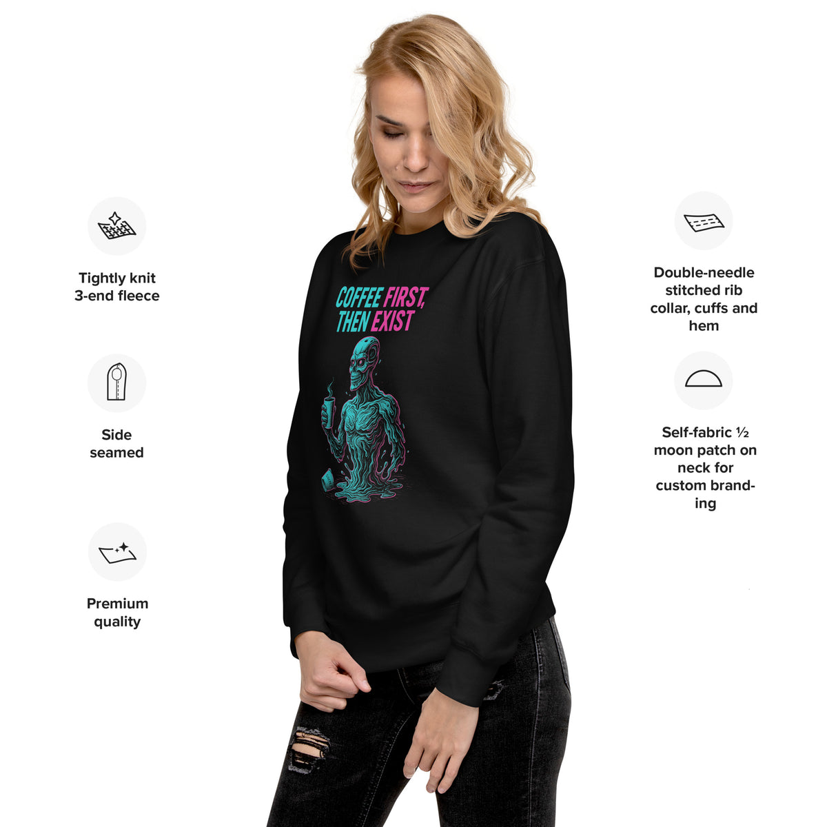 Sweatshirt with a quote coffee first then exist 