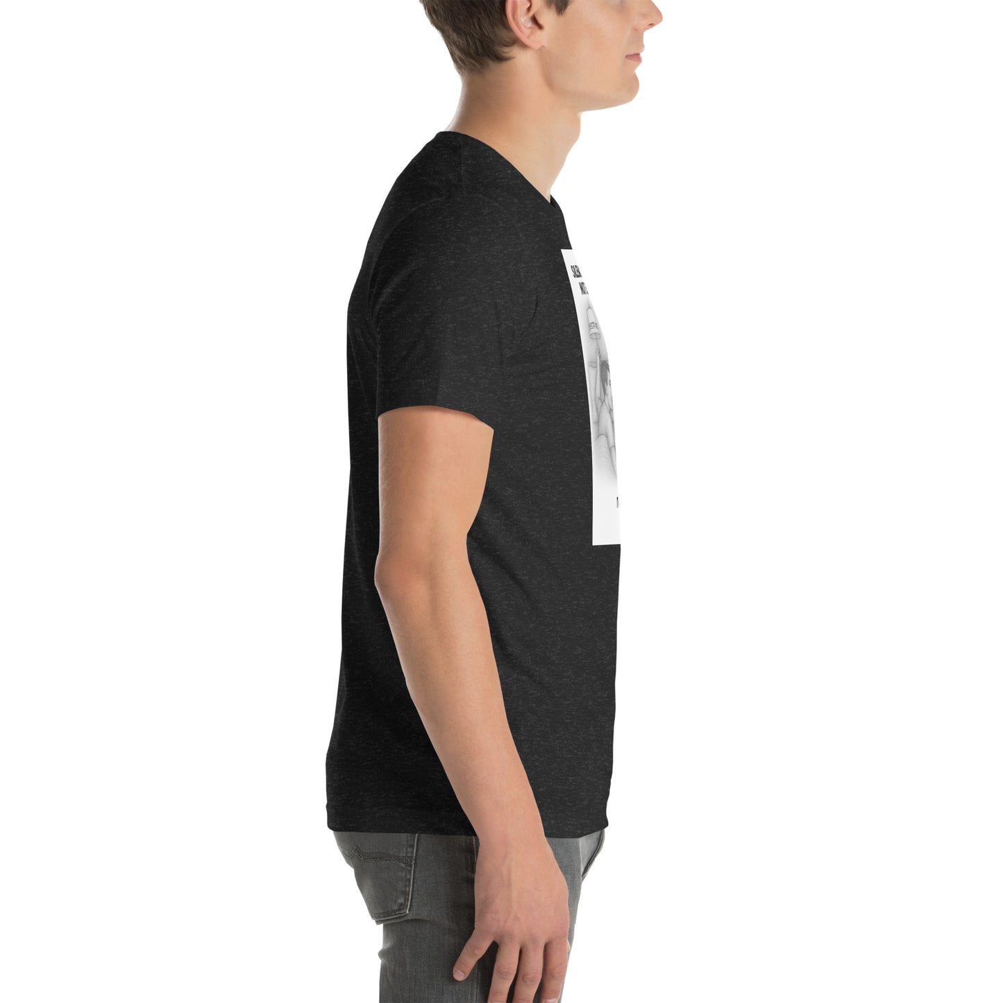 Person wearing a black t-shirt with a graphic design on a white background. Reboot tee