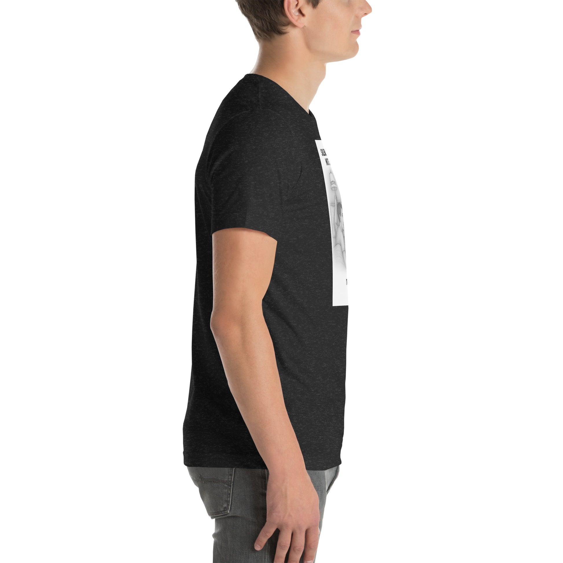 Person wearing a black t-shirt with a graphic design on a white background. Reboot tee
