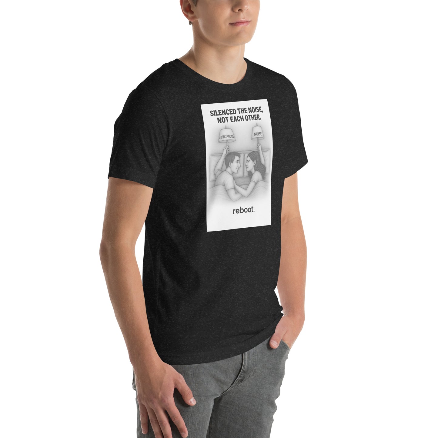 Person wearing a black t-shirt with a graphic design and text on a white background. Reboot tee